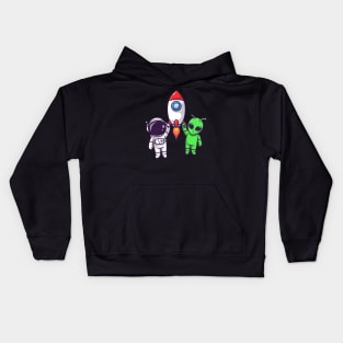 Cute Astronaut And Alien Flying With Rocket In Space Cartoon Kids Hoodie